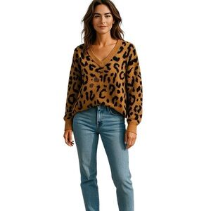 NEW Meiling VIntage Oversized Sweater Sze M Leopard Print V-Neck Cozy Deadstock